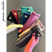 2025秋冬新款 爱心刺绣针织毛线手套女加厚保暖骑行露二指可触屏