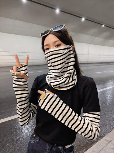 条纹冰丝防晒面罩女百搭时尚护颈夏季冰爽袖套薄款面纱遮全脸口罩