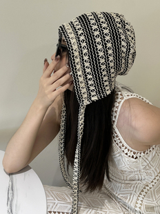 日系文艺系带缕空针织套头帽子女夏季出游逛街复古民族风包头帽潮