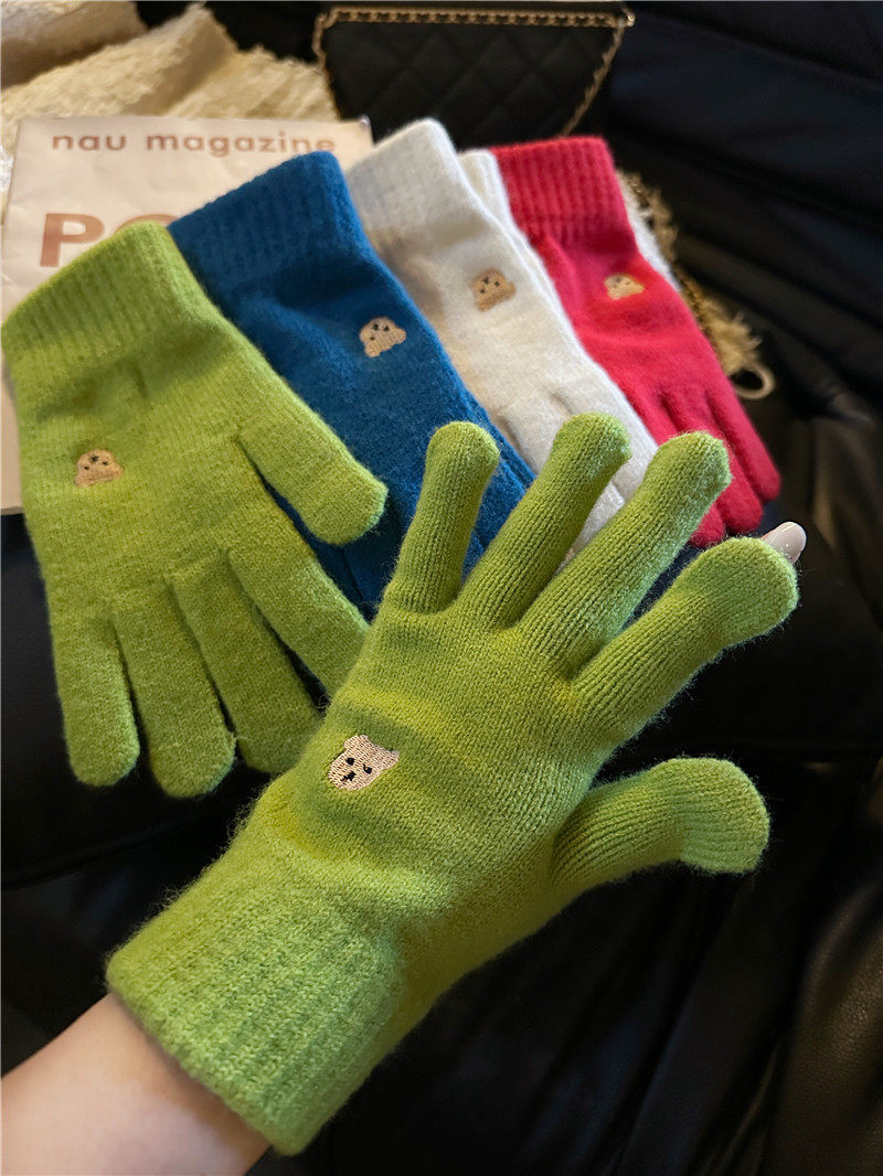 韩国新款秋冬季糖果色可爱小熊刺绣毛线针织分指五指手套触屏露指