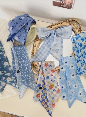 小清新碎花丝巾发带女夏天绑发日常头巾小丝带飘带蝴蝶结头饰蓝色