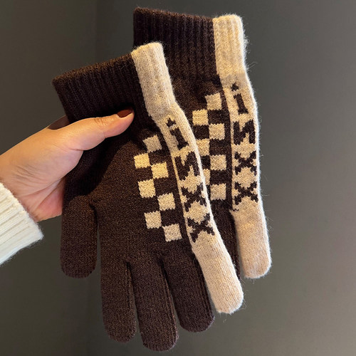 男女通用格子冬手套保暖加绒加厚