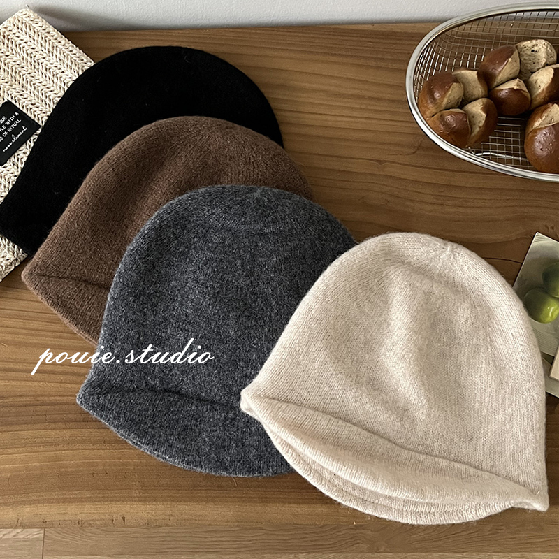 日系文艺复古纯色双帽檐针织帽女秋冬新款时髦百搭加厚保暖毛线帽