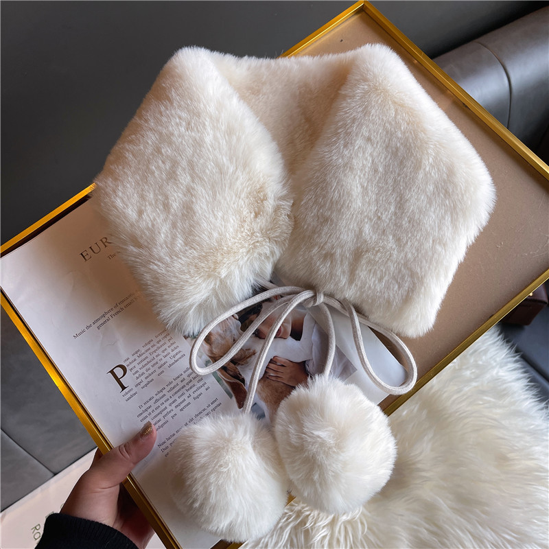 毛毛围巾女秋冬仿獭兔毛保暖加厚围脖纯色毛绒球球系带护颈毛领子