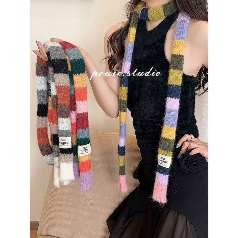 复古百搭女撞色条纹围脖针织毛线