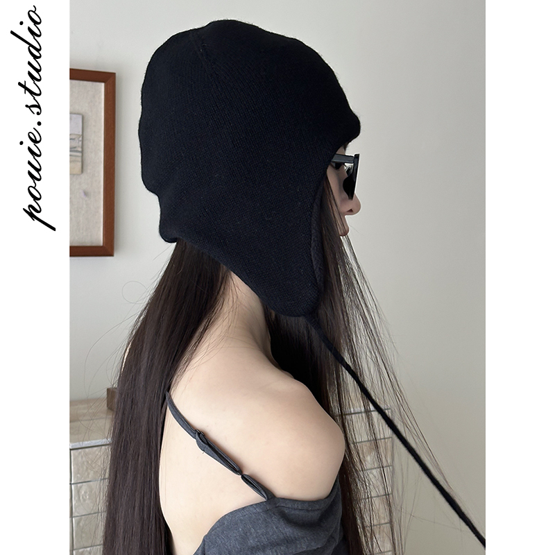 纯色系带针织包头帽飞行员帽子