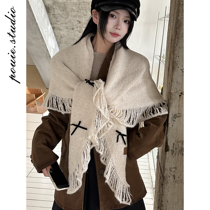 冬季美拉德女蝴蝶结流苏披肩保暖