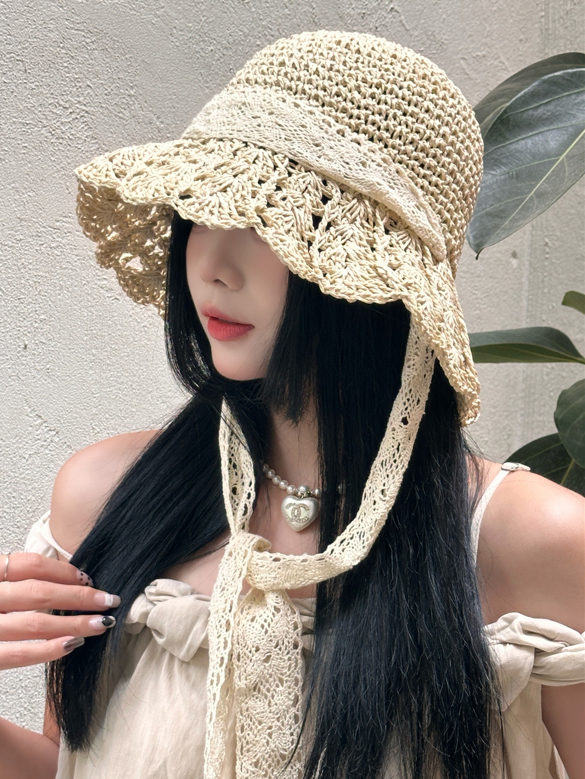 沙滩海边女夏季蕾丝绑带草帽遮阳