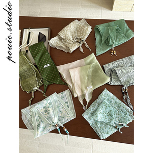 文艺小清新绿色串珠三角巾女春夏薄款透气百搭装饰包头巾领巾腰巾