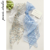 文艺气质百搭装 蓝色线格长条丝巾女春夏季 新款 饰系脖领巾绑包发带