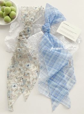 蓝色线格长条丝巾女春夏季新款文艺气质百搭装饰系脖领巾绑包发带