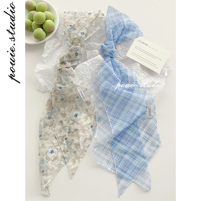 蓝色线格长条丝巾女春夏季新款文艺气质百搭装饰系脖领巾绑包发带