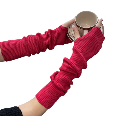 红色针织手套半指保暖毛线护臂
