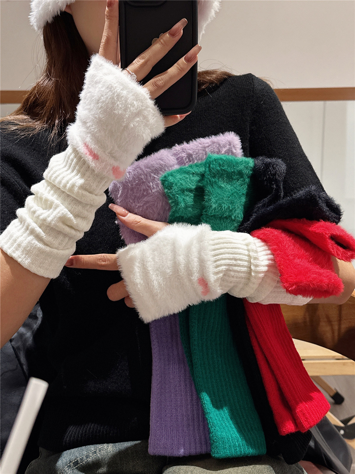 爱心毛绒手套韩版秋冬季新款百搭学生护胳膊长款拼接半指针织手套,服饰配件/皮带/帽子/围巾,手套,淘宝优惠券,粉丝福利购,淘宝优惠卷