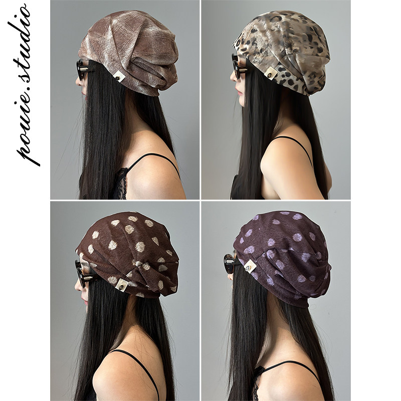 2026春夏新款复古格纹头巾堆堆帽子女时尚拍照包头冷帽褶皱套头帽