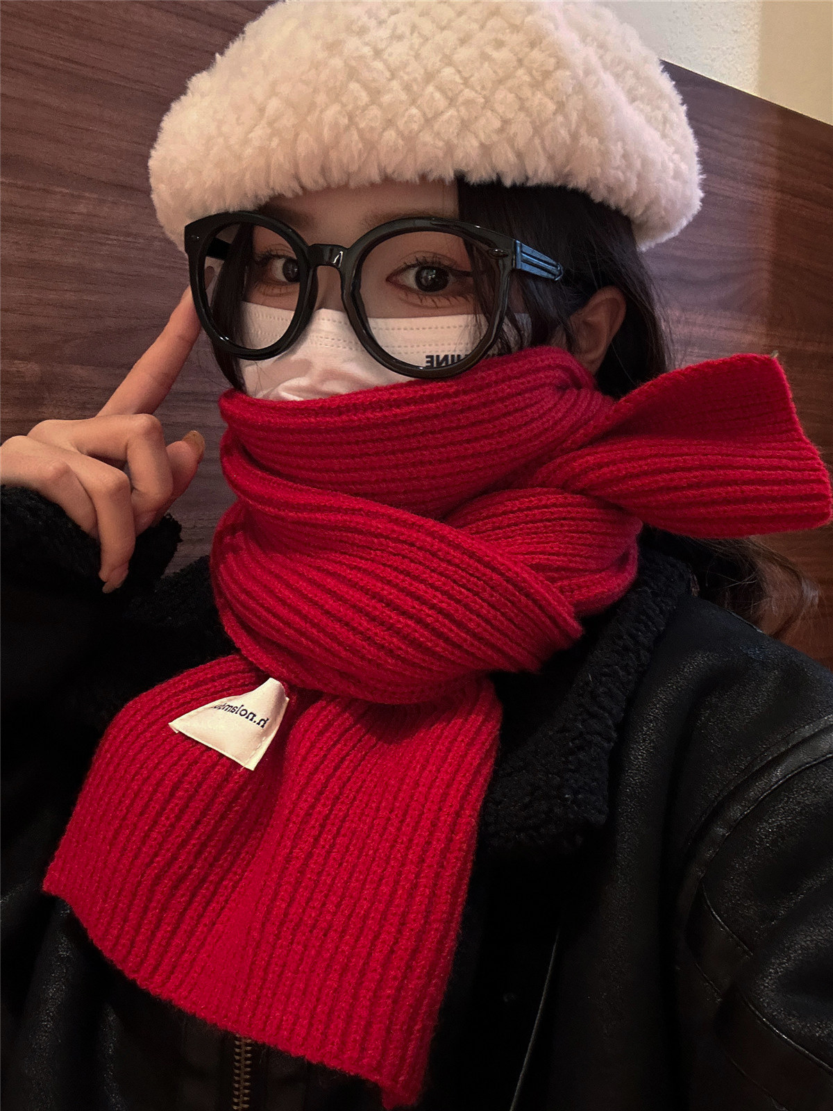 新年红色含羊毛针织围巾女冬季2025新款韩版百搭加厚保暖毛线围脖