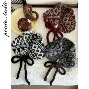 ins复古钩花针织系带小围巾女秋冬新款时尚百搭多用保暖护耳耳罩