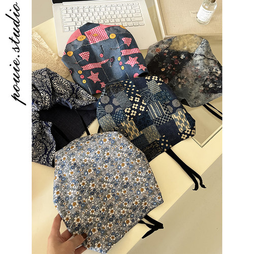 韩版复古蓝色碎花抽绳包头帽子