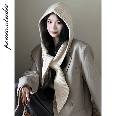 秋冬女纯色连帽围巾披肩加厚保暖