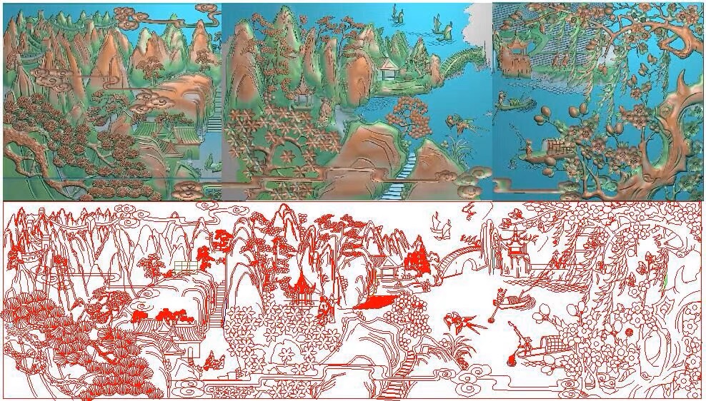 精雕图山水人物2851东阳木雕工艺品挂屏手工雕刻扫描精雕图