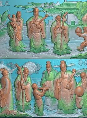 精雕图冬瓜梁三星拱照五福捧寿 三星SSA32 灰度图东阳木雕工艺品