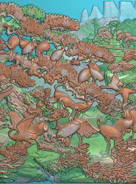 精雕图松鹤松树 大仙鹤图3090x1180x80 动物花鸟东阳木雕工艺品