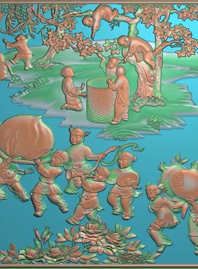 精雕图 百子顶箱柜 人物东阳木雕工艺品挂件挂屏手工雕刻扫描精雕