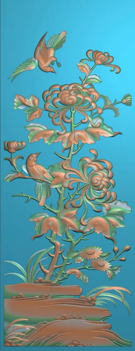 精雕图菊花 举家欢乐 花鸟东阳木雕工艺品挂屏手工雕刻扫描精雕图