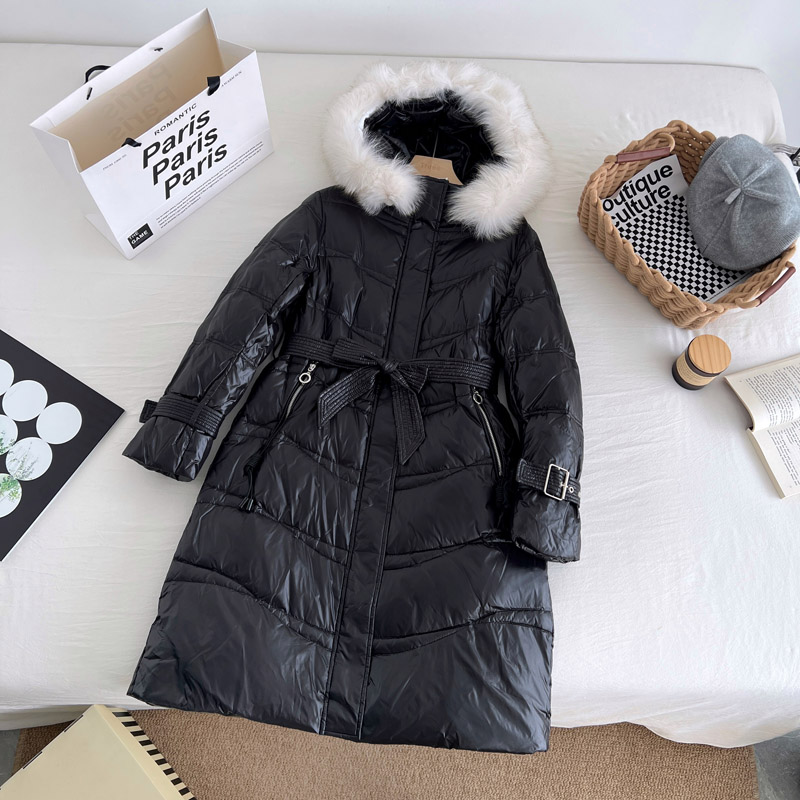 简约气质腰带保暖外套冬季女过膝上衣黑色修身中长款连帽羽绒服