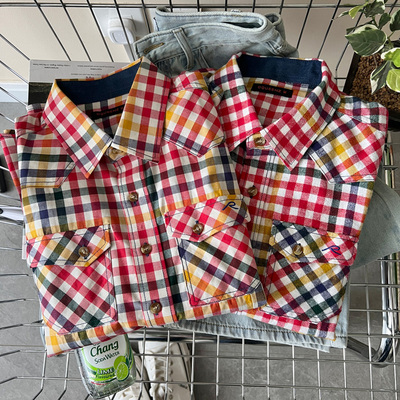 长袖纯棉格子衬衫彩虹韩系修身