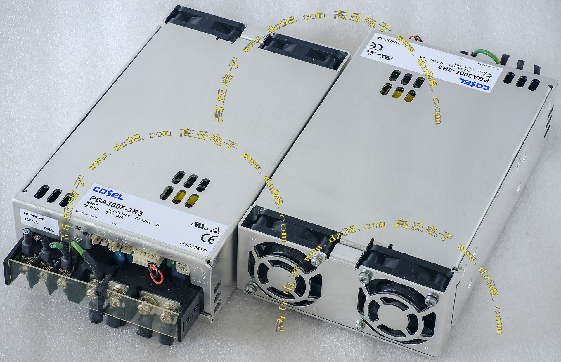 厂牌:COSEL。拆机件，外观比较新，参照图片，产地:JAPAN，输入AC100-240V，输出3.3V， 电流:60A。 外形尺寸：195x102x42毫米，重量约830克。