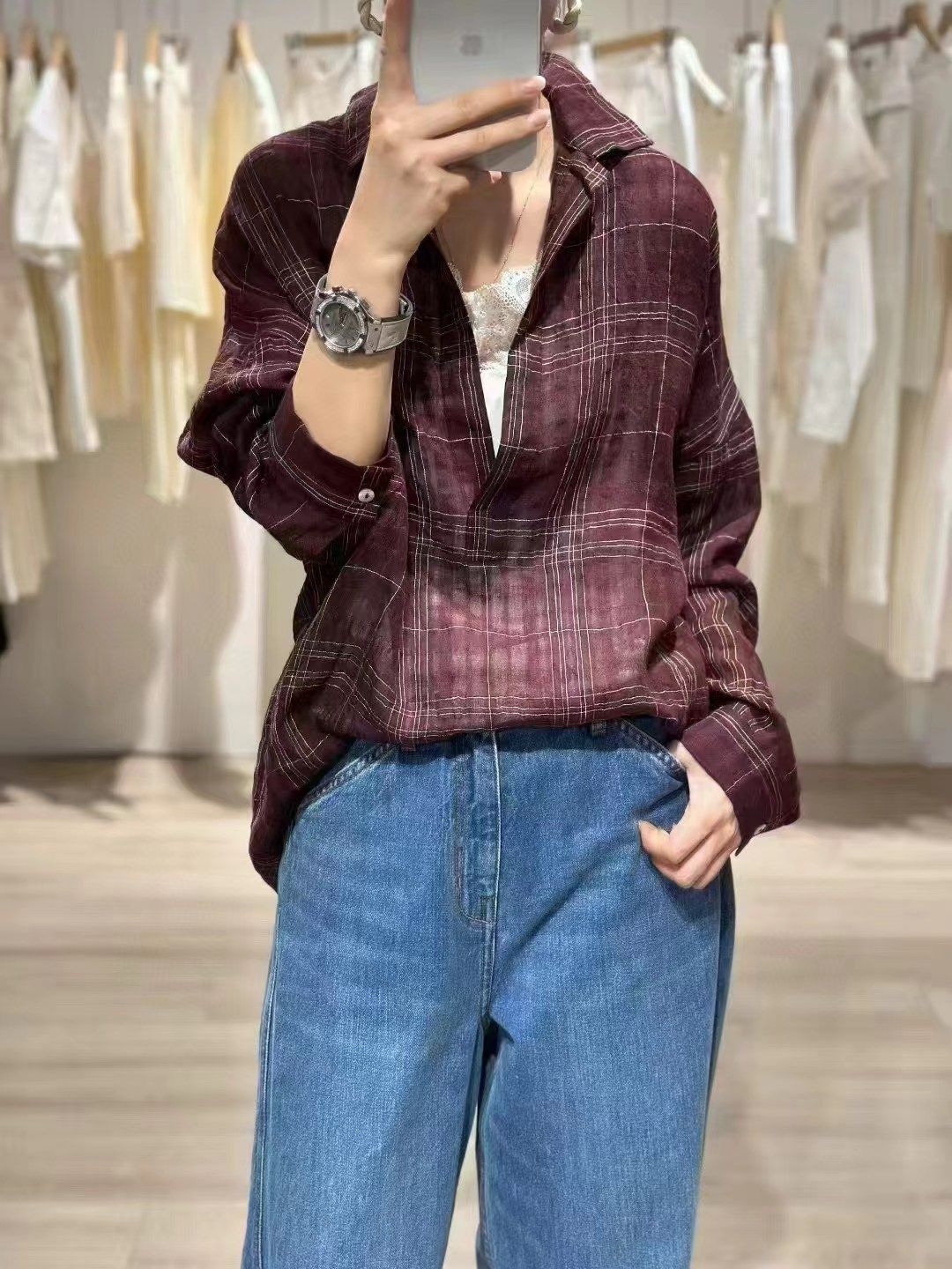 女装格子衬衫上衣小衫宽减龄百da文艺亚麻复古格纹大V领微透慵懒