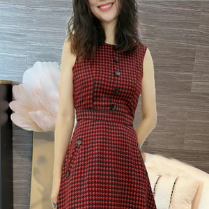 高腰红色新年红气质通勤无袖千鸟格修身长款格子连衣裙大摆