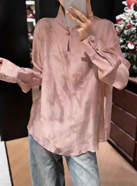 天丝提花双层新款中式天丝提花V领立领女装衬衫亲肤时尚百搭上衣