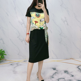 短袖 女裝 拼接復古印花直筒休閑中長T恤裙連衣裙顯瘦遮肚中裙大牌