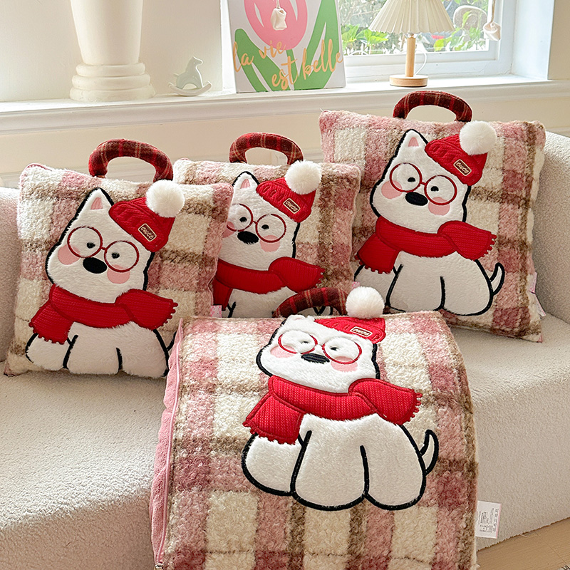 加厚加绒西高地抱枕被子毯靠垫沙发汽车午睡枕头多功能被二合一