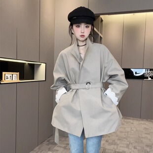 韩版长袖风衣外套女款2026秋季新款腰带收腰蕾丝袖口上衣欧洲站潮
