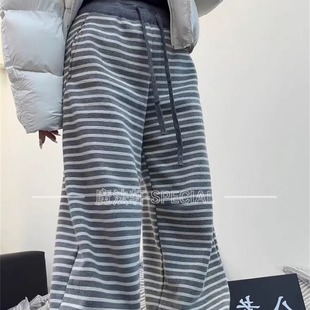 条纹休闲裤女2025新款冬高腰系带宽松束脚裤长裤欧洲站百搭裤子Q