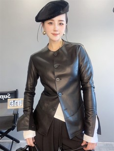 【现货】皮衣外套女修身显瘦系扣绵羊皮夹克圆领单排扣上衣欧洲站