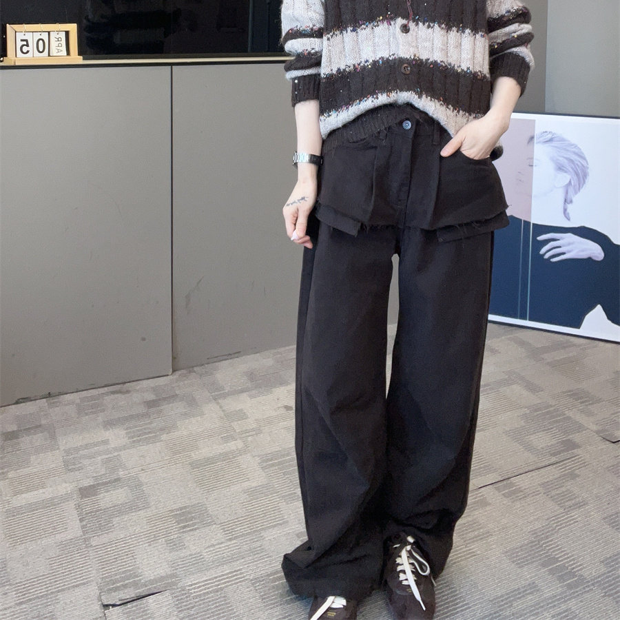 秋新高腰阔腿显瘦牛仔长裤女