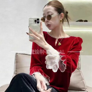 花瓣袖丝绒衫衬衫女2025冬季新款漏洞圆领套头衬衣洋气时髦上衣Q