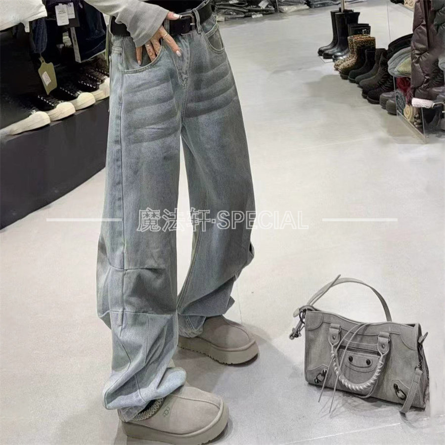 高腰牛仔裤女2026新款春显瘦美式复古弯刀裤阔腿裤做旧长裤子潮Q