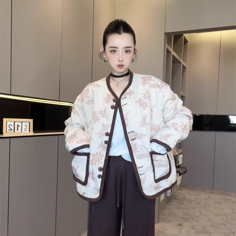 重工刺绣薄棉外套女2025新款圆领单排扣口袋国潮宽松上衣欧货秋冬