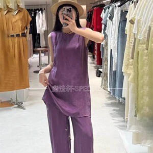 纯色铜氨丝套装女2025新款夏季圆领无袖是+阔腿裤长裤两件套欧货Q