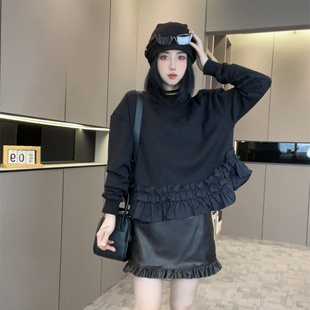 卫衣女2025新款 木耳边纯色长袖 早秋圆领套头落肩宽松上衣欧洲站潮