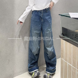 【现货】高腰牛仔裤阔腿宽松女2025新款设计感剪裁长裤时髦裤子Q