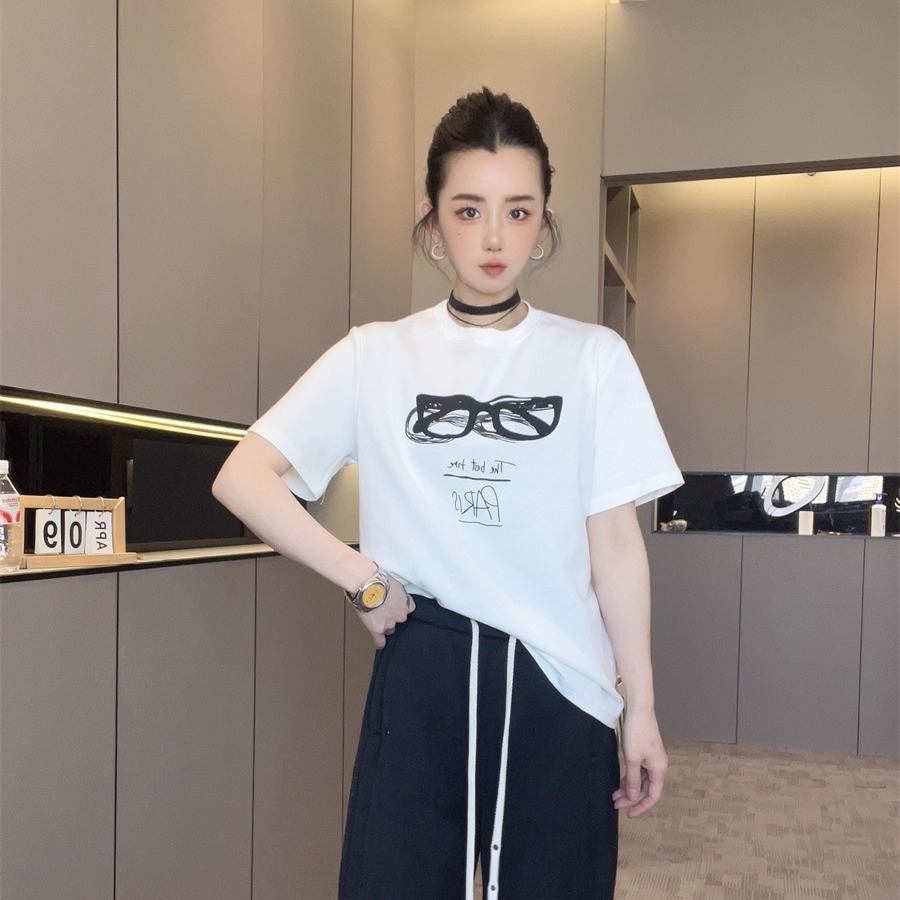 短袖T恤女2025新款冬季眼镜印花圆领套头宽松休闲半袖上衣欧洲站