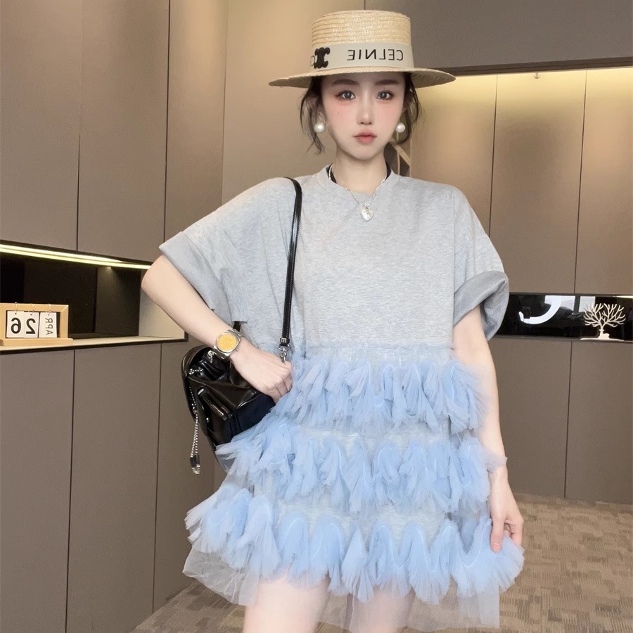 网纱拼接短袖连衣裙女款2025夏季新款圆领裙子宽松短裙欧洲站潮