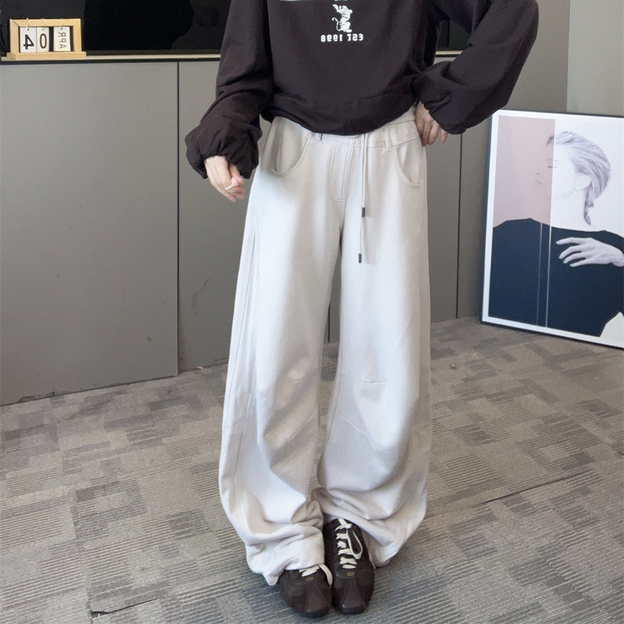卫裤休闲裤女2026秋新款韩版系带松紧腰阔腿裤膝盖压褶长裤子欧货