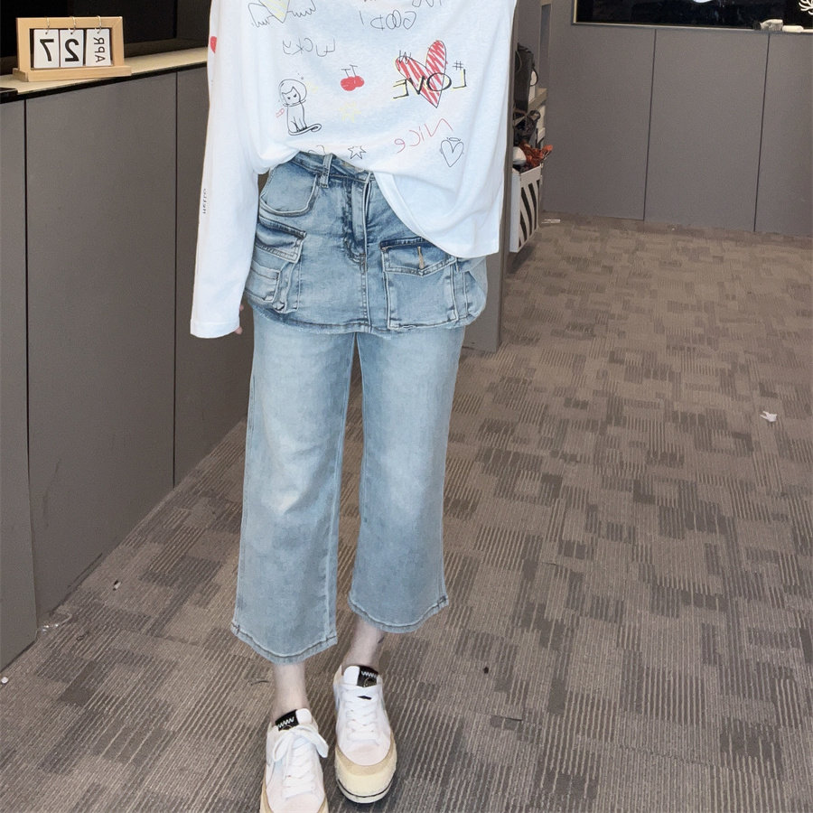 工装风高腰直筒牛仔裙裤女